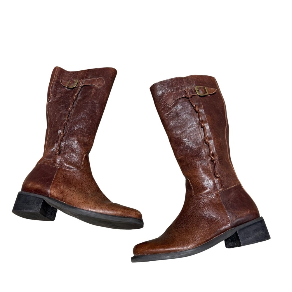 Melissa Braided Tall Leather Riding Boots Brown Cognac Square Toe 7.5B